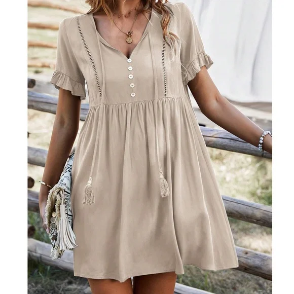 Boho Khaki Button Detail Ruffle Short Sleeve Mini Dress - Picture 1 of 9